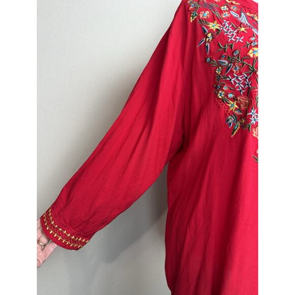 64 Sixty-Five XXL Red Embroidered Top Boho Blouse V-neck Tunic Long Full Sleeves - Picture 2 of 16